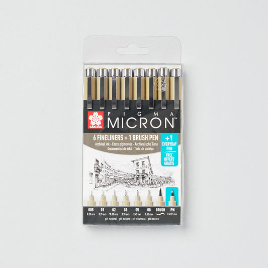 Sakura Pigma Micron 6 Fineliner Pens and 1 Brush Pen with Free Everyday Pen (Set of 8)